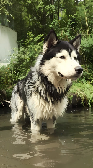There is a dog that is standing in the water, photo of No or, pelo molhado, River in front of you, husky siberiano, husky, husky dog, Lobo cinzento escuro O'Donnell, Big No or, Husky em armadura brilhante, olhar orgulhoso, No or, Vista deslumbrante, Pelo enlameado, No or furry, um bonito, foto do perfil, a No or anthropomorphic,Ultra realista, canon.professional photographer, captured on a professional DSLR camera, tendencia en Artstation, 64k, ultra detallado, ultra preciso, bokeh lighting