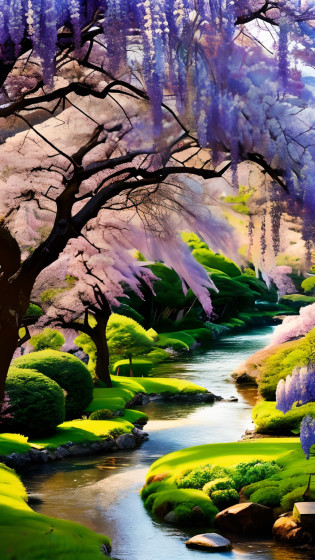 mdjrny-pprct, japanese architecture, Sakura, wisteria, Flower Garden, mountains and rivers, Clouds (high detial: 1.2)?the setting sun?Evening glow?morning glow