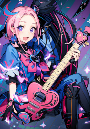 Close up portrait of man holding guitar on pink background, pylons, official artwork, Boy in blue dress, Boy with purple sidetail, Boy with cat eyes, marin kitagawa fanart, Wallpaper!, high detailed official artwork, Official Character Art, Official art, hq artwork, Promotional Art, akasuki brightmind, Portrait of a magical boy