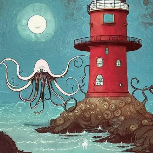 A giant octopus with big eyes holds a lighthouse in its tentacles painted by victo ngai, Alexander Jansson and Hieronymus Bosch