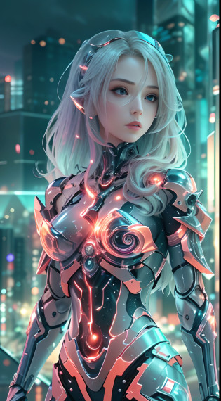 Translucent ethereal mechanical girl?Futuristic girl?Mechanical joints?futuristic urban background?ModelShoot style, (Extremely detailed Cg Unity 8K wallpaper), The beauty of abstract stylization,