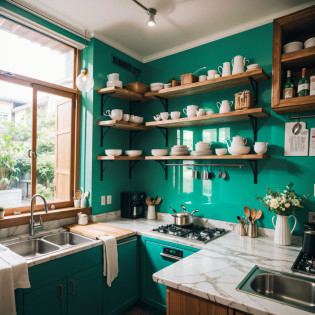 ?masterpiece, best quality?8k, ultra highres?Morning sunlight spills into the kitchen?Reflecting the beauty of Thai style?The walls are bright Thai blue-green?In contrast to the pure white cabinets?It gives a visual impact?On the small bar counter leaning against the wall is a pair of delicate pictogram tableware?It was as if I heard the shouts of street vendors?In the corner is a display shelf for Thai cooking utensils?Make you feel like you are in the world of Thai cuisine?In such a kitchen?You will feel the rich Southeast Asian style?It's as if you can enjoy authentic Thai cuisine at any time?