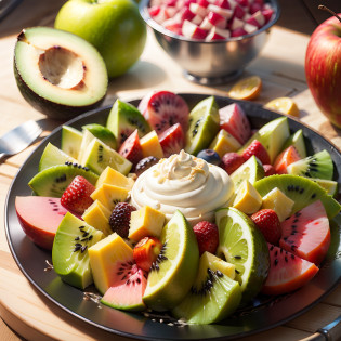 fruit salad with yogurt, avocado slices, apple slices, dragon fruit slices, in steel plate, 3:4 --auto --s2