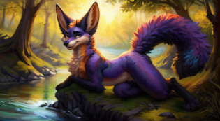 subido a e621, (por kenket, por Ross Tran, por Ruan Jia, por Foxovh) An anthropomorphic fox from Fennec (((masculino))) de (cola, pecho y cuello) esponjada, grandes manos, de ojos color ambar, con lunares cafe claro en hombros y muslos, borde de las orejas es cafe, en su cola posee 2 lunares grandes color blanco con un anillo cafe alrededor, Fursona, Looking at the camera with a mischievous look, Open Invitation, mirada picara, (In the middle of a forest with a river in the background), (detailed lighting), (cinematography lighting), [luz ambiental detallada], Fursona, ((sombra de medio cuerpo)), [luz ambiental en el vientre], [proporciones realistas], [explicit content], [foco n�tido], (contenido cuestionable), (sombreado), ((obra maestra))