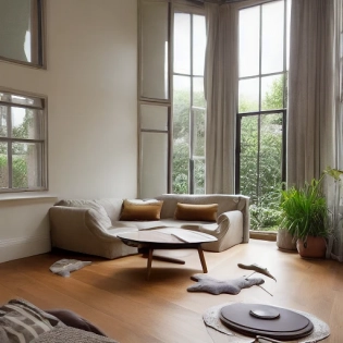 High resolution photography interior design, dreamy sunken living room conversation pit, wooden floor, small windows opening onto the garden, bauhaus furniture and decoration, high ceiling, beige blue salmon pastel palette, interior design magazine, cozy atmosphere; 8k, intricate detail, photorealistic, realistic light, wide angle, kinkfolk photography, A+D architecture