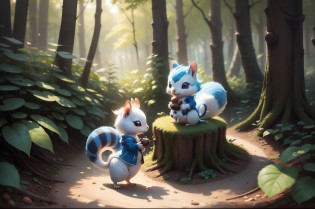 There is a small white squirrel with an acorn in his hand,  Chibichara?A cute girl with blue hair is also with me?It is a cute costume in white and blue?Dark eyes?cute forest creature, Adorable Digital Painting, cute detailed digital art, the squirrel king, Cute digital art, cute cartoon characters, cute character, CuteCreatures, Cutie, official illustrations, Official art, squirrel, maplestory mouse, astri lohne,  cute 3d render