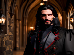 Photo of a handsome 35-year-old count Dracula walking through the halls of his Gothic-style stone castle, He has pale skin, ele tem cabelo preto, ele tem cabelo liso, ele tem cabelos longos na altura dos ombros, ele usa barba no estilo van, Ele tem olhos vermelhos brilhantes Ele usa roupas formais pretas da era vitoriana, The lighting of the castle is a cool and bluish tone, The atmosphere of the castle is dark and frightening, foco n�tido, (8k, best quality , master part: 1.2), (Realistic, photo-realistic: 1.37), ultra-detalhado, foto profissional, (Perfect lips), (pele altamente texturizada), (pele altamente detalhada), (Rosto altamente detalhado), (olhos altamente detalhados), detalhes intrincados, (pele ultra detalhada), Foto RAW