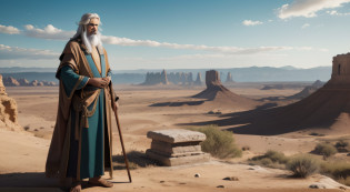 Generate four images from this text: Methuselah, A biblical figure of exceptional antiquity, es descrito como un hombre de estatura imponente, white long-haired that flows like the wisdom accumulated throughout its long life. Sus arrugas parecen mapas que cuentan historias de tiempos remotos. Su barba blanca y densa enmarca un rostro sereno y sabio, reflecting the years of experience he has accumulated. Wear earthy colored robes and texture-rich fabrics, symbolizing his connection to nature and his relationship with the Earth that he has seen prosper and change.... Sus ropajes parecen cargados de historia, y en cada pliegue se esconden las historias de las generaciones pasadas. A wooden cane carved in his hand, who has witnessed the years and who seems to emerge from the very root of his deep knowledge. His calm and deep gaze conveys the peace and wisdom that only the experience of a very long life can bestow........

estilo: realistic lighting: contraste y luz de fondo Fondo: desierto

Poses:

sentado en una roca, mirando al horizonte (imagen 1)
de pie, leaning on his cane, sonriendo (imagen 2)
Caminando por el desierto, with a reflective expression (imagen 3)
mirando hacia el cielo, with an expression of amazement (imagen 4)
Orden: 1, 2, 3, 4