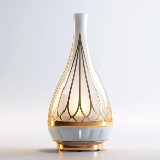 Aroma diffuser, inspired by the modern, geometric shapes of the Burj Khalifa in Dubai, with a metallic exterior and sleek lines, detailed, in style of artstation, digital art, hyper detailed, hyper realistic, white background, unreal engine, png 8K, depth of field, --ar 1:1