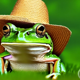 frog, green, a bit of reality, on a green meadow, with big round clear eyes, in sunny weather, 4K, 3D, catches mosquitoes overhead with tongue, in a straw hat, 35mm