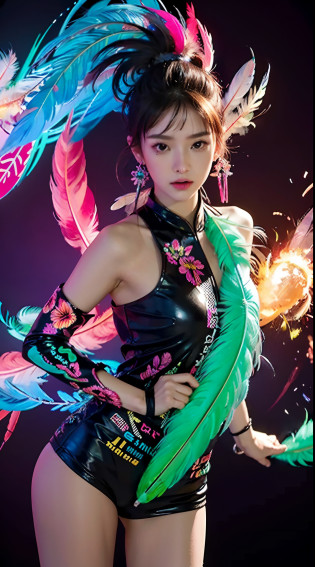 masterpiece, top quality, best quality, neon official art, beautiful and aesthetic:1.2), beutiful chines women bai lu(1girl:1.3), extremely detailed,(fractal art:1.1 neon ),(colorful:1.1 neon)(flowers:1.3 neon ),highest detailed,(zentangle neon:1.2), (dynamic pose), (abstract neon  background neon:1.3), (shiny skin), (many colors:1.4 neon )full hd, ,(earrings), (feathers:1.5) , (Flamethrower:1.3),neon red background  neon ,Phoenix dress neon,Neon,full HD