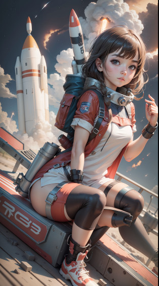 An anime style rocket, rocket, flying around the number 6, speed, young girl sitting on the rocket, 16k