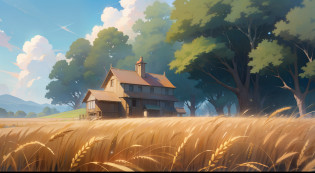 Nice clouds?Tano?Bright summer?golden wheat fields?Makoto Miyazaki?Makoto Shinkai Cyril Rolando?Incredible Hayao Miyazaki?miyazaki's animated film?Studio Ghibli's art style?beautiful anime scenes?miyazaki movie?in the style of Hayao Miyazaki?inspired by Miyazaki?miyazaki movie?ghibli artstyle??best qualtiy??Bright colors?exteriors? an overgrown? paths? flod? pathway? Rochas? scenecy? Skysky?waterfallr ?rays of sunshine?immense wheat fields?Illustration style?8K?4K?blue_sky?high saturated?Pubic area is clear?no_humans?detail-rich?Epic composition?Clear colors?natural beauty??illustratio?1.0??Reasonable structure?cartoonish style?Landscape oil painting?fanciful?wheat?in a serene landscape