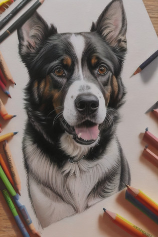 Drawing of a dog with pencils and a pencil sharpener, Dibujo muy detallado, Retrato altamente detallado, ultra realistic illustration, Retrato extremadamente detallado, Highly detailed illustration, Arte de alto detalle, Arte extremadamente detallado, hypperrealistic illustration, Retrato de ultra realista, Dibujo detallado de 4K, ultrarealistic illustration, realistic illustration, Retrato ultra detallado, Retrato hiperdetallado, Blanco y negro realista