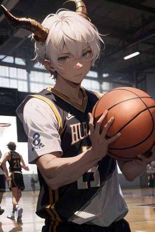 absurds?Hi-Res?Ultra-DETAILED?official arts?Unified 8k wallpapers?Ultra-DETAILED?Beauty and aesthetics?Obra-prima?best qality?short white colored hair?Dark skin?There are horns on the head?Cute and handsome boy?Wear a basketball jersey?Exercise Field