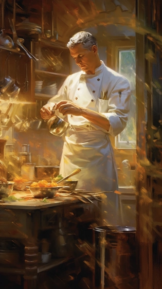 An accomplished chef in a stark white uniform, passionately crafting culinary art in a bustling brass-accented kitchen, under soft warm lighting, in the style of Paul Hedley --s 750 --q 2 --c 10 --ar 9:16 --v 5. 1