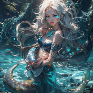 (Numerous award-winning masterpieces, with incredible detail, textures and maximum detail), (full body view:1.6), (hyper realistic:1.4), (realistic:1.3), (best quality real texture skin), (((in water))), (deep deep sea:1.5), (Dark sea at night:1.6), (finely detailed true circle Symmetrical eyes), finely detailed face, ((medieval world)), (full body view:1.6), ((mermaid)), ((mermaid princess)), ((mermaid nobility)), (burn brightly icy look in the eye), (She has a mischievous smile on her face), (Sunken ship with treasure:1.4), A temple Sunken in a coral reef, ancient Sunken city, Sunken temple, Sunken great cathedral, Sunken temple ruins, Sunken detached temple, Sunken Ruins of an ancient castle, Shining majestic water and light, coral reef, (Eyes that glow blue in the dark:1.5), (A pair of Ice-blue eyes with strong blue light emitting from within:1.5), (bio luminescence:1.5), (full body view:1.6), (Swirling water stream and tidal current in the background), (Dramatic Light), (A majestic sight), (Her countenance is gentle and beautiful), Glass earrings on the ears, (dramatic photo:1.4), ((dramatic pose)), (flamboyant photo), (golden hair), (silver hair), (chestnut hair), (full body view:1.6), ((looks up)), ((looking down)), (Around her neck is a simple necklace of exquisite workmanship), (Bio luminescence with a brilliant glow:1.3), (Use flashy Hydro magic:1.2), (beautiful fish in the surroundings), (Luminous magic circle:1.5), (full body view:1.6), epic realistic, faded, art, (Greg rutkowski:0.8), (teal and orange:0.4), (art station:1.5), cinematic, ((neutral colors)), (hdr:1.5), (muted colors:1.2), hyper detailed, dramatic light, (intricate details:1.1), complex background,