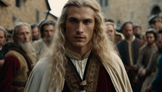 photo of a man about 19 years old, natural white long hair, walkin throught the italian village, with many people who idolize him, ultra sharp focus, photo realistic, medieval men's clothing, tetrahedral colors (scar:1,4)