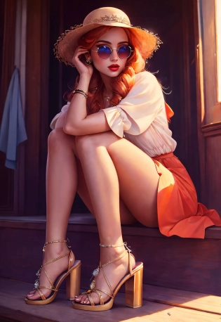Hyper realistic, beautiful funny anime, high fashion model, high heels, sandals, hats, sunglasses, Cool sun dresses, 1960s retro futuristic, boho whimsical hippie in the style of American Gothic portrait. highly detailed, Super Model, Very Beautiful detailed face, in the style of Charlie Bowater, Gil Elvgren and Jack Hughes, 8k, UHD, HDR, (Masterpiece:1. 5), (best quality:1. 5),