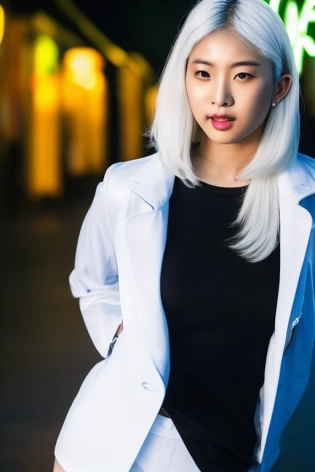 white hair, beautiful young asian girl, beautiful eyes, olive skin, medium length white hair, petite body, small breasts, toned body, wearing school girl uniform, showing midriff, perfect face, neon light smoke background, volumetric fog, Hyperrealism, cinematic lighting, highly detailed, breathtaking, 8k uhd,
