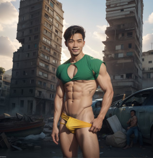 Um homem asiatico, Thai, Pescador, 25 anos, seductiveexpression, sorriso de lado, meio sorriso, apocalyptic scenery, corpo suculento, cueca transparente, detalhe, arte digital extremamente realista, cueca suculenta, dinamic pose, Background with destroyed buildings, ele esta usando uma camisa rasgada jeans verde, detalhado, body with body oil, cueca fina e com volume, camisa rasgada, pelos pubianos aparecendo, rosto gordinho
