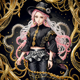 cephalopod, (cephalopod), golden tentacles with lacy fins, golden hair, silver jewelry, weird black hat with silver gems, black pants with a white lacy skirt, black shirt with transparent lacy sleeves and pink dots, masterpiece, Best Quality