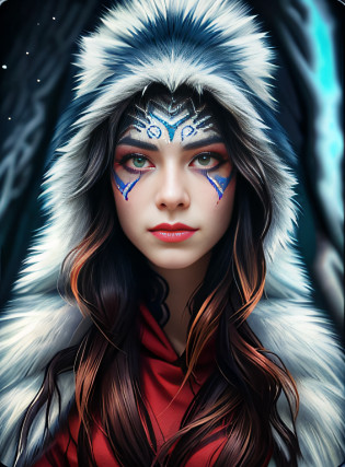 a woman with a hood and a face painted like a wolf, beautiful nordic woman, norse inspired, norse goddess, portrait of a norse moon goddess, a very beautiful berserker woman, with rune tattoos on the face, wolfgirl, scandinavian / norse influenced, portrait of nordic girl, full face epic portrait, fantasy portrait, female anthropomorphic wolf