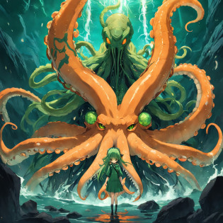 cephalopod, green and orange tentacles intermixed with snakes on a floating nightmare head, masterpiece, Best Quality