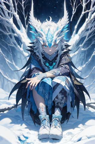 absurds?High res?ultra Detailed?official arts??? 8k ???ultra Detailed?Beauty and aesthetics?master masterpiece?best best quality??zentangle?Ice and snow?Tangles?Entanglement???s fractal art?1.3??PhotoRealistic??master masterpiece?top quality?best best quality?official arts?Beauty and aesthetics?1.2??Very Detail?s fractal art?variegated?most details?zentangle??Abstract Background?1.5??1boy?1.3??Kamimei??Glowing blue eyes??Enigmatic?(MAGIC)?((Sit on a tree))?Ice and snow