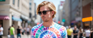 Best Quality, Ultra High Resolution, (Realistic:1.4), Masterpiece, Blurred Background, American Street, Solo, 25 years old, man, handsome, European American, blonde, blue eyes, standing, white skin, seamless sticker tie-dye t-shirt, psychedelic kaleidoscope t-shirt, full body printed seamless sticker group, looking at the audience, showing t-shirt model drawing