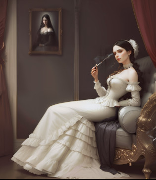 arafed woman in a white dress sitting on a bed smoking a cigarette, inspired by Francesco Hayez, gustave dore\' background, delaroche, victorian vampire, regency-era, annie liebovitz. gustave dore, victorian era, elegant victorian vampire, portrait of a lady vampire, romantic era painting, inspired by Franz Xaver Winterhalter