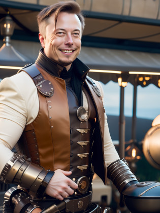 Elon Musk in the steampunk at the party, he was on a barbecue, barbecue grill, happy smile, beige leather, super fine, super sharp, long russet hair braided, 8k, (very detailed: 1.5), full body photo, 20 megapixels, canon eos r3, delicate skin, fking_cinema_v2