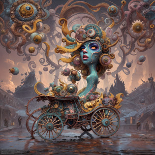 Wantz monster design?intriguing?High color saturation?swirles?Hyper-realistic, Ultra-detailed?Ultra-stereoscopic?MuCoi?Drip style - paint - 1900?tentaculata?round eye?Digital art by Ray Caesar and Hannah Hch and Stephen Burrows, A beautiful young woman in action pose, centered in frame, Wide shot, Lively breasts, Mask, Pop surrealism, neo-dada, Spectacular, spectacle, Masterpiece, Private collection, Featured collections, behans, a 3D render, Cracked clay, Gothic, Bright colors, Supersaturation, Depth, spirals, fibonacci sequence, shells, Flowers, gear wheel, tunnel, surreal environment, Fractal geometry, game assets, City scene, Modern makeup, Long eyelashes, Rain drops, Chiffon dress, Rococo, bangle, Punk rock, Subversive art, Dirty, Dirt, Skiff, Mid-cut jeans, Specular highlights, Pondering, ambient occlusion render, Detailed, Parade Square, ((isoline)), armature, Detailed, elaborate, complex, Desert, Mountains, Cart, The Car, Stormy sky, Moonlight