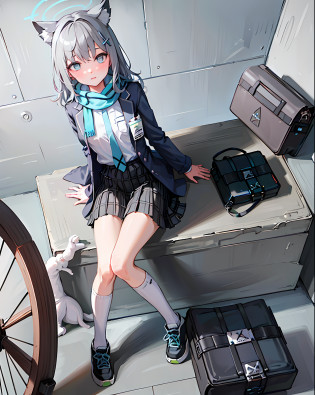 1girl, solo, shiroko (blue archive), animal ears, skirt, scarf, blue eyes, jacket, shirt, white socks, socks, plaid skirt, animal ear fluff, halo, white shirt, looking at viewer, open clothes, bag, hair ornament, shoes, blue scarf, necktie, outdoors, bangs, pleated skirt, open jacket, plaid, grey hair, school uniform, railing, long sleeves, cross hair ornament, shoulder bag, shirt tucked in, blue necktie, kneehighs, black skirt, hair between eyes, extra ears, mismatched pupils, blue jacket, school bag, black bag, blazer, sneakers, striped, closed mouth, pocket, cat ears, striped scarf, fringe trim, medium hair,(((grey hair))),(((blue eyes))), standing,
