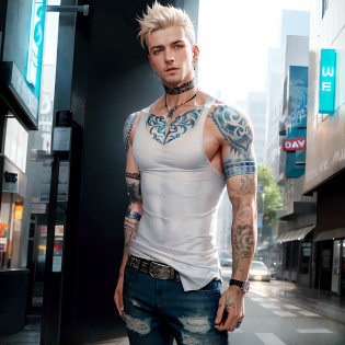 Outdoors, mature white male, wearing ripped blue jeans , wearing white dress shirt unbuttoned, blue sleeve tattoos right arm, green eyes, blue sleeve tattoos left arm, blue chest tattoos, blue abdominal tattoos, full body blue tattoos, blue torso tattoos, blonde hair, urban environment, night, neon signs, 8k, Unreal engine, highly detailed, photorealistic, silver belt buckle