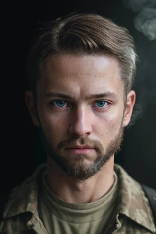 caucasian guy, headshot, soldier, smoke, movie, Cinematic film still, analog style, RAW photo, hyper real photo, ultrarealistic uhd faces, 8k uhd, dslr, soft lighting, high quality, film grain, Fujifilm XT3, photographed on a Plaubel Makina W67 Camera, 50mm lens, F/2. 8, HDR, hyper-realistic, colorgraded, volumetric lighting, volumetric fog, moist, shallow depth of field, reflections, absurdres, fashion shot, psychedelic, Nintendo Game Boy Color palette, iso noise