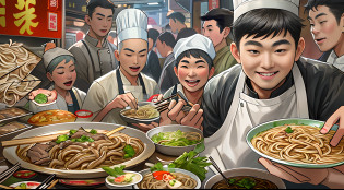 Young and promising male chef with a plate of tempting beef noodles?The beef noodles exude a tempting aroma?Surrounded by a lively snack street?People flock to buy food ,in the style of the stars art group xing xing, 32K, Best quality, Masterpiece, Super detail, High details,