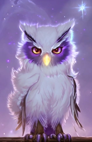 a white owl sitting on top of a wooden table next to a purple sky, glowing white owl, radiant owl, owl wizard, glowing owl, furry fantasy art, alien owl, glowing owls, adorable digital painting, furry art! ! ! , very very beautiful furry art, mixture between an! owl and wolf, furry digital art, birb, furry art, avatar image
