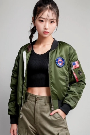 (1girl), (full body), Beautiful Korean woman, kpop idol, (wearing a bomber jacket, army fatigue pants, medic backpack), (braided ponytail), (photorealism:1. 4), symmetrical eyes, realistic beautiful detailed eyes, sharp focus, hyperrealism, hyperrealistic, intricate detail, 8k uhd, High detail RAW color photo, highly detailed CG unified 8K wallpapers, physics-based rendering, cinematic lighting, ultra highres, photorealistic