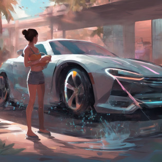 Semi-realistic car wash illustration, Girl washing the car, The boy squatted in the car suit, The other holds the jacket and carefully examines the translucent color of the part, Each one makes different parts in the packaging application process of cars. One of the males has darker skin. 4k,K HD |?.