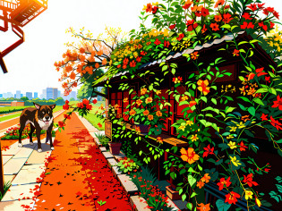 there is a dog that is standing in front of a bush, unusual composition, covered in flame porcelain vine, red blooming flowers, nature growing around the city, very poor quality of photography, red flowers, vine and plants and flowers, flowers and plants, orange blooming flowers garden, beautiful flowers growing, orange flowers, plants and flowers, red flowers of different types