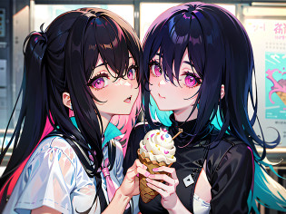 Anime couple eating ice cream cones?Pink eyes and black hair, two beautiful anime girls, Eating ice cream, eating ice - cream, eating a cake, WLOP and Sakimichan, Guweiz in Pixiv ArtStation, Guweiz on ArtStation Pixiv, from girls frontline, high detailed official artwork, Kawasi, Official artwork