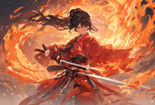 Chinese Taoist female samurai?8k�wallpaper?Hanfu???????xiuxian?Compose an intense and dramatic scene featuring a girl holding a sword amidst a sea of roaring flames. The girl should exude strength and determination, standing tall with her feet firmly planted. Her grip on the sword should be confident and purposeful.

Position her within the fiery backdrop in a way that the flames lick the edges of the frame, creating a sense of chaos and urgency. The flames should dance and cast dynamic shadows across her figure, emphasizing the high-stakes nature of the moment.

Capture her expression with a powerful and intense gaze that radiates hatred and resolve. The furrowed brows and narrowed eyes should communicate her unwavering determination and a desire for vengeance.

Ensure that her stance and posture communicate both defiance and readiness for battle. Her body should be slightly angled, as if bracing against the inferno, and her muscles should be taut with tension.

Pay careful attention to the lighting, using the fiery glow to cast dramatic highlights and shadows on her face, form, and the sword. This will add depth and intensity to the scene.

The overall composition should convey a sense of fierce determination in the face of adversity, as she stands unyielding in a world ablaze with her unrelenting resolve.