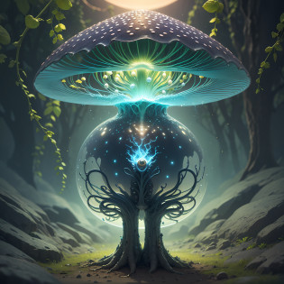 Generate images of creatures with humanoid body structures, But mainly composed of fungal elements. Its head resembles a big head, Dome-shaped crystal spring flower mushroom cap, fanciful, Colorful, Decorated with a luminous speckled pattern. Its arms are long, Flexible tendrils sprout from the shoulders, Able to be as vertical as a human hand. And not legs, It has a single, Thick, The stem is rooted in the ground. Its face is a small cluster, Bioluminescent spheres embedded in the bottom of the lid, Arranged in a way reminiscent of human facial features. photo-realism, ultra�-�detailed, 4K, A high resolution