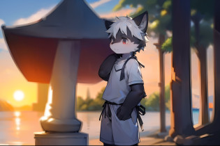 author?Jrjresq, author?Kirito, Libido boy, furry wolf, Shota, Black and white hair, Very good figure, Handsome, adolable, Light?Hazy light and shadow, Reflective skin, Reddish skin, worn-out clothing?Commoner, beachside?standing on the rock?sandbeach?solo person???? exteriors?the sunset, the detail, depth of fields, Libido boy?Shota
