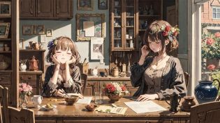 incredibly absurdres,absurdres,Claude Monet style,impregnation, (loose brushwork:1.5),upper body,knit dress,breast rest,(sleepy face:0.8),breasts,lying, Cupboards, filled countless knick-knacks.oil painting,one flower vase,tableware,detailed hands,