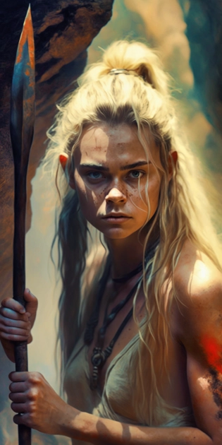 elle fanning in prehistroic time, 1woman, stone age time, wearing loin cloth, messy hair, tribal tattoo, holding spear, cave, ultra realistic, 8k, unreal engine, scared look, style of Boris Vallejo, style of Frank Frazetta --ar 1:2