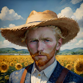 There is a man with a beard and a straw hat in a field of sunflowers, inspirado em Vincent Lefevre, Estilo Vincent van Gogh, Estilo de arte Van Gogh, Estilo Van Gogh, inspirado em Vincent Di Fate, em estilo de van gogh, inspirado em Vincent Pepi, Michael Cavalo (Motor irreal, Vincent van Gogh!!!, Estilo Van Gogh ((pintura de van gogh)) ((efeito van gogh))