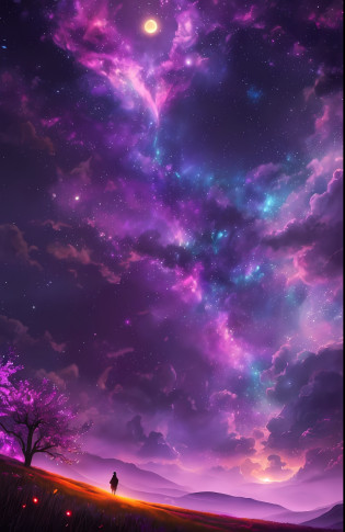 (expansive landscape artwork), (dramatic sky above, open field below), (a figure standing amidst a field of flowers, gazing upward), (luminous full moon:1.2), (captivating shooting stars:0.9), (mystical nebula:1.3), distant mountains, towering tree BREAK (production art), (warm and inviting light source:1.2), (magical Firefly:1.2), enchanting lamp, abundant purple and orange hues, intricate and elaborate details, ethereal volumetric lighting BREAK (exquisite masterpiece:1.2), (unparalleled quality), 4K resolution, ultra-detailed rendering, (dynamic and engaging composition:1.4), richly detailed elements, vibrant and lively colors, (iridescent colors:1.2), (softly glowing and atmospheric lighting), dreamlike and enchanting atmosphere, (solitary atmosphere, (solitary figure:1.2) --auto --s2