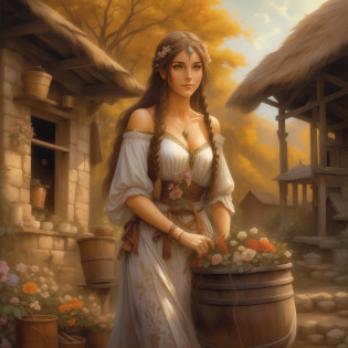 ((realisti:1.5)), ((beste-Qualit)), ((tmasterpiece)), ((detailed)), (a 1girl), (upper-body: 1,3), super-wide-angle lens, face focus, Slavic appearance, A woman with a rocker on her shoulders and buckets, Russian peasant woman, Slavic beauty, Peasant closed sundress, peasant dress, Simple decorations, grown up, mature, The perfect figure of the goddess, Sexual, feminine figure, long leges, Lush breasts, bare footed, wide thighs, Long hair is styled in a braid, long eyelashes, nice smile, astonishment, admiration, confusion, (detailized face, pretty eyes, detailed pupils, Detailed features of clothing, clear background: 1,3), Medieval village, wooden huts, Structures, the trees, Bushes, Flowers, fields, kali, lake, woods, Household utensils, Russian stove, better shadow, Vivid details, Sharp, Perfect composition, an intricate, Sharp focus, dramatic, (specular lighting: 1,3), bezel light, Photorealistic painting, by Frank Frazetta, by Julie Bell, by Olivia De Berardinis, by Luis Royo, by boris vallejo